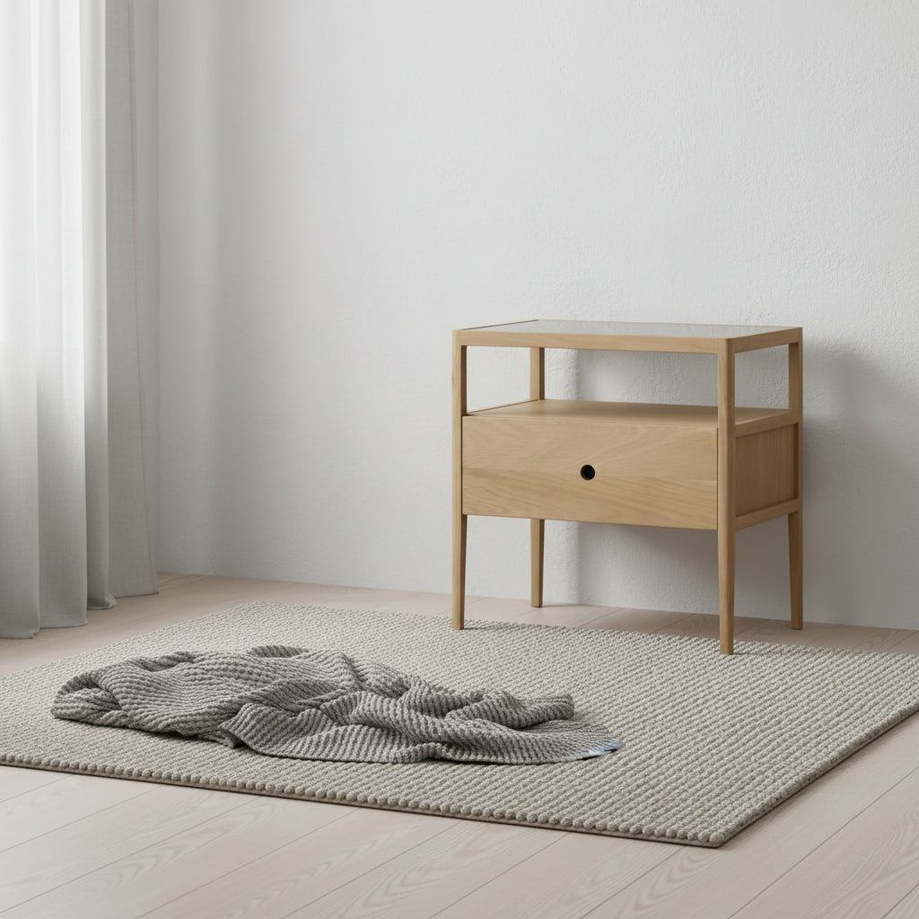 Table de chevet moderne en verre et bois avec tiroir simple et étagère ouverte pour chambre à coucher