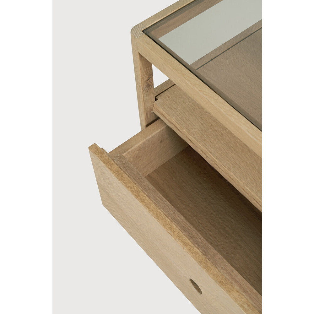 Table de chevet moderne en verre et bois avec tiroir simple et étagère ouverte pour chambre à coucher