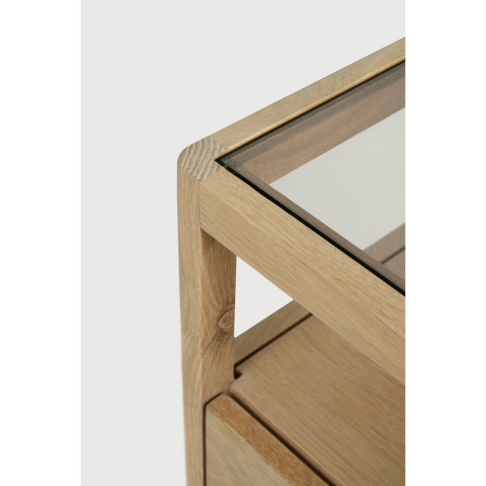Table de chevet moderne en verre et bois avec tiroir simple et étagère ouverte pour chambre à coucher
