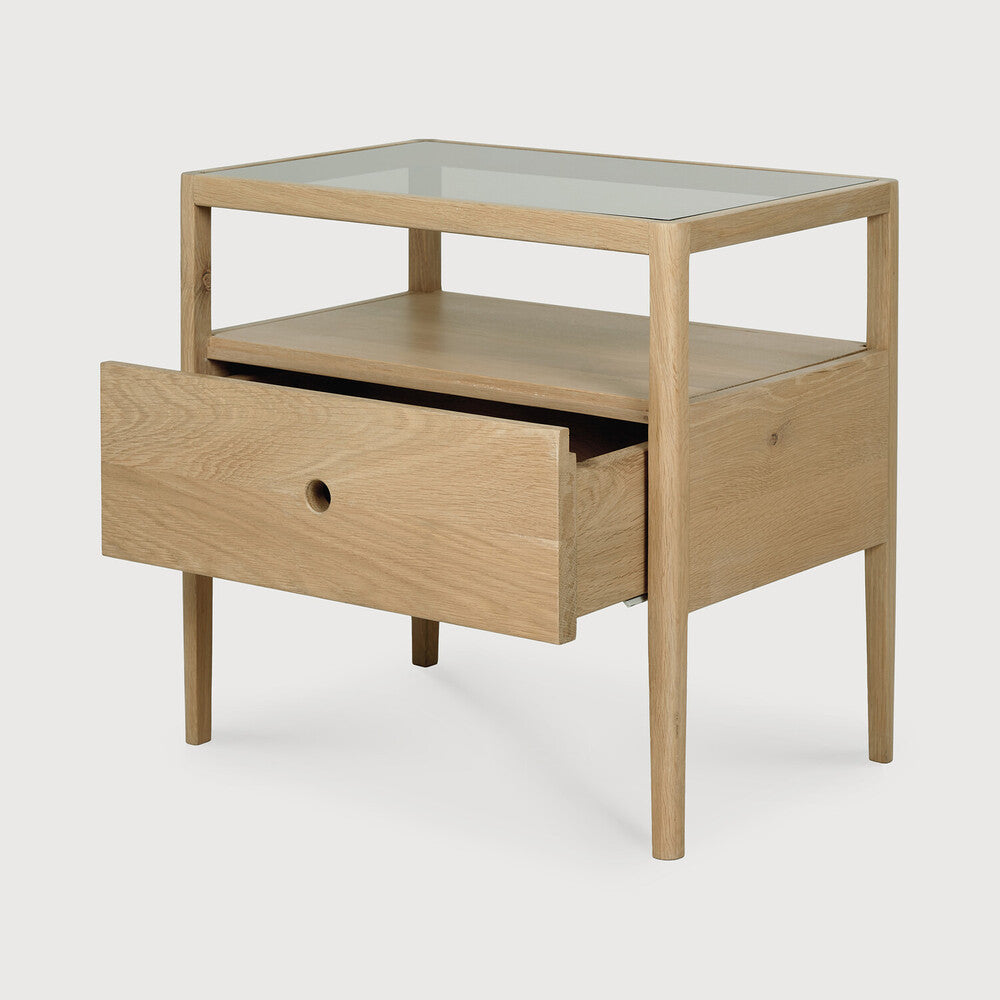 Table de chevet moderne en verre et bois avec tiroir simple et étagère ouverte pour chambre à coucher