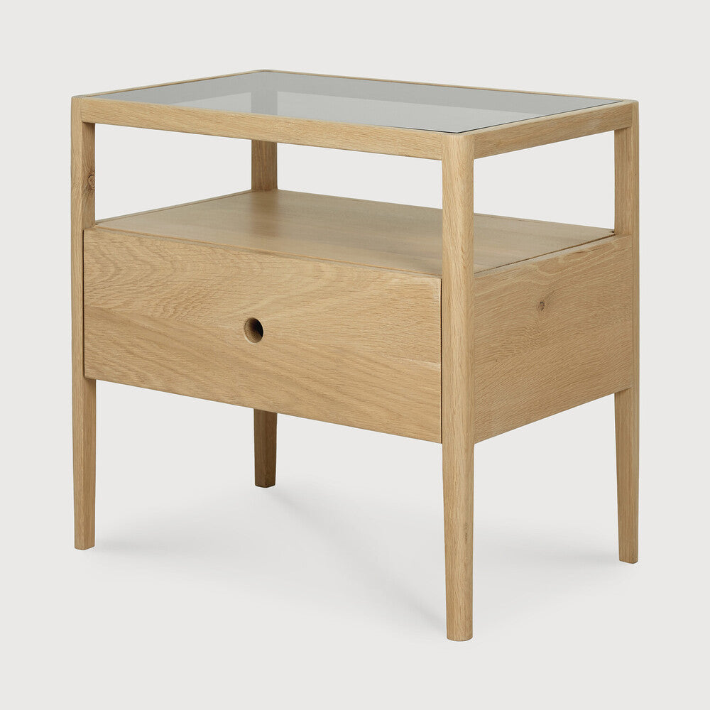 Table de chevet moderne en verre et bois avec tiroir simple et étagère ouverte pour chambre à coucher