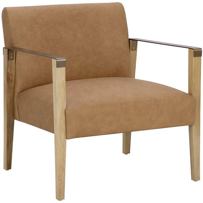Fauteuil de salon moderne en cuir sésame et chêne rustique massif avec accoudoirs en acier laitonné pour salon