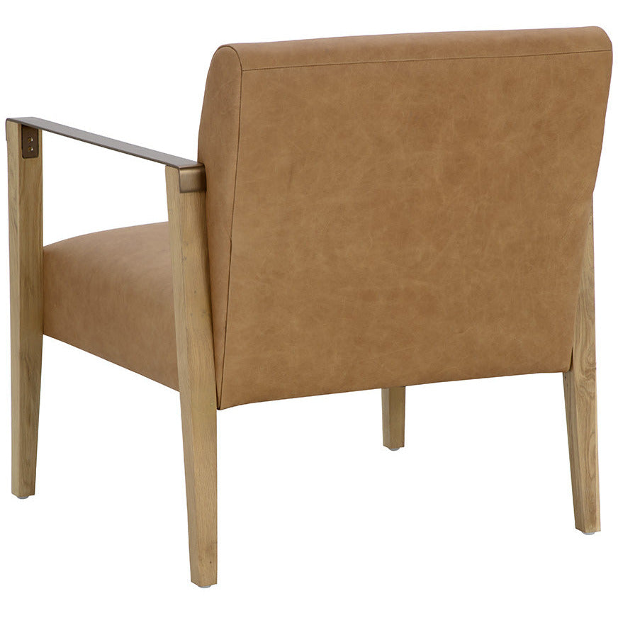 Fauteuil de salon moderne en cuir sésame et chêne rustique massif avec accoudoirs en acier laitonné pour salon