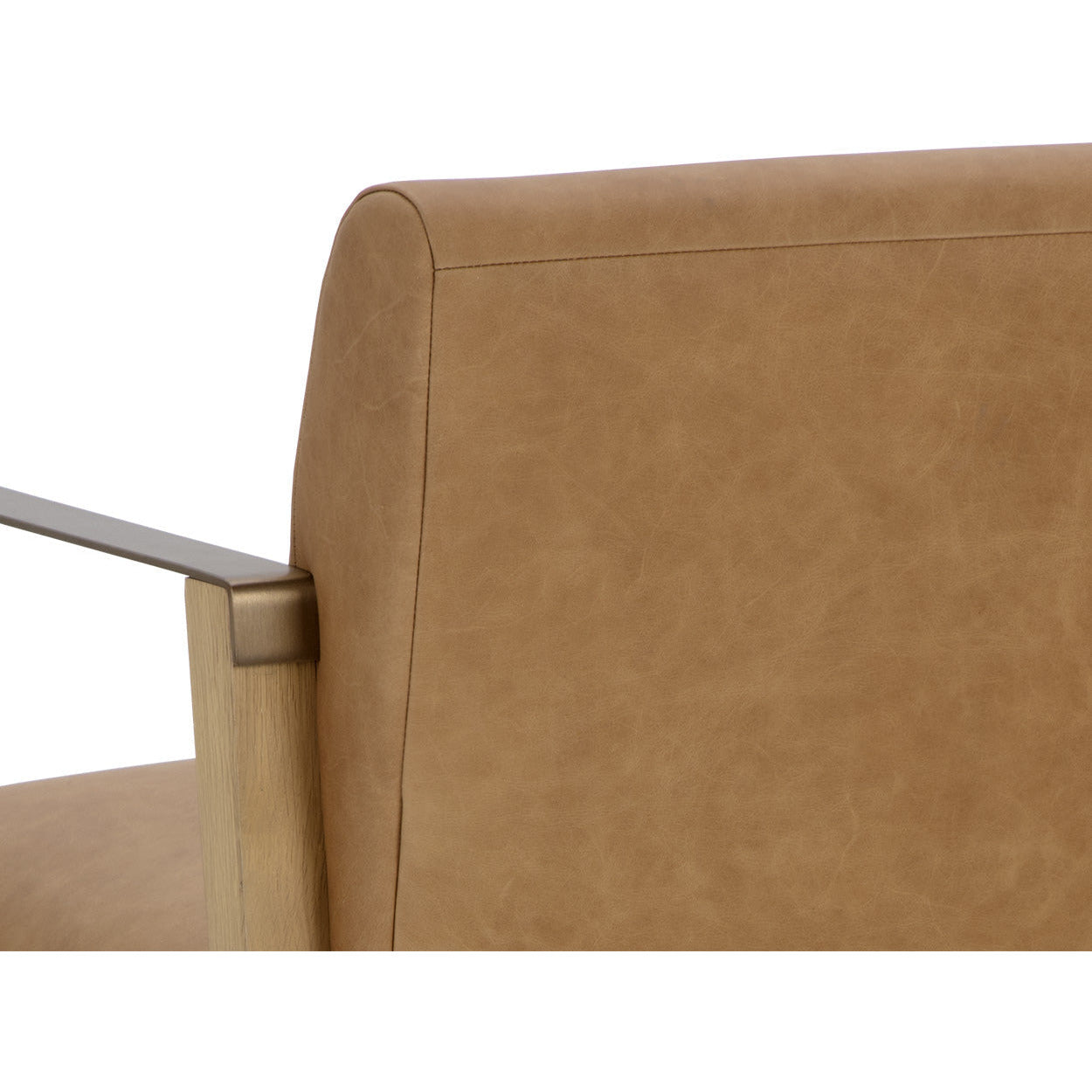 Fauteuil de salon moderne en cuir sésame et chêne rustique massif avec accoudoirs en acier laitonné pour salon
