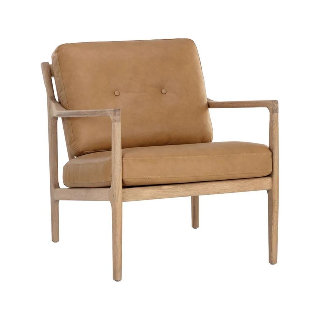 Fauteuil de salon en chêne massif et cuir du milieu du siècle, avec dossier capitonné pour salon ou bureau