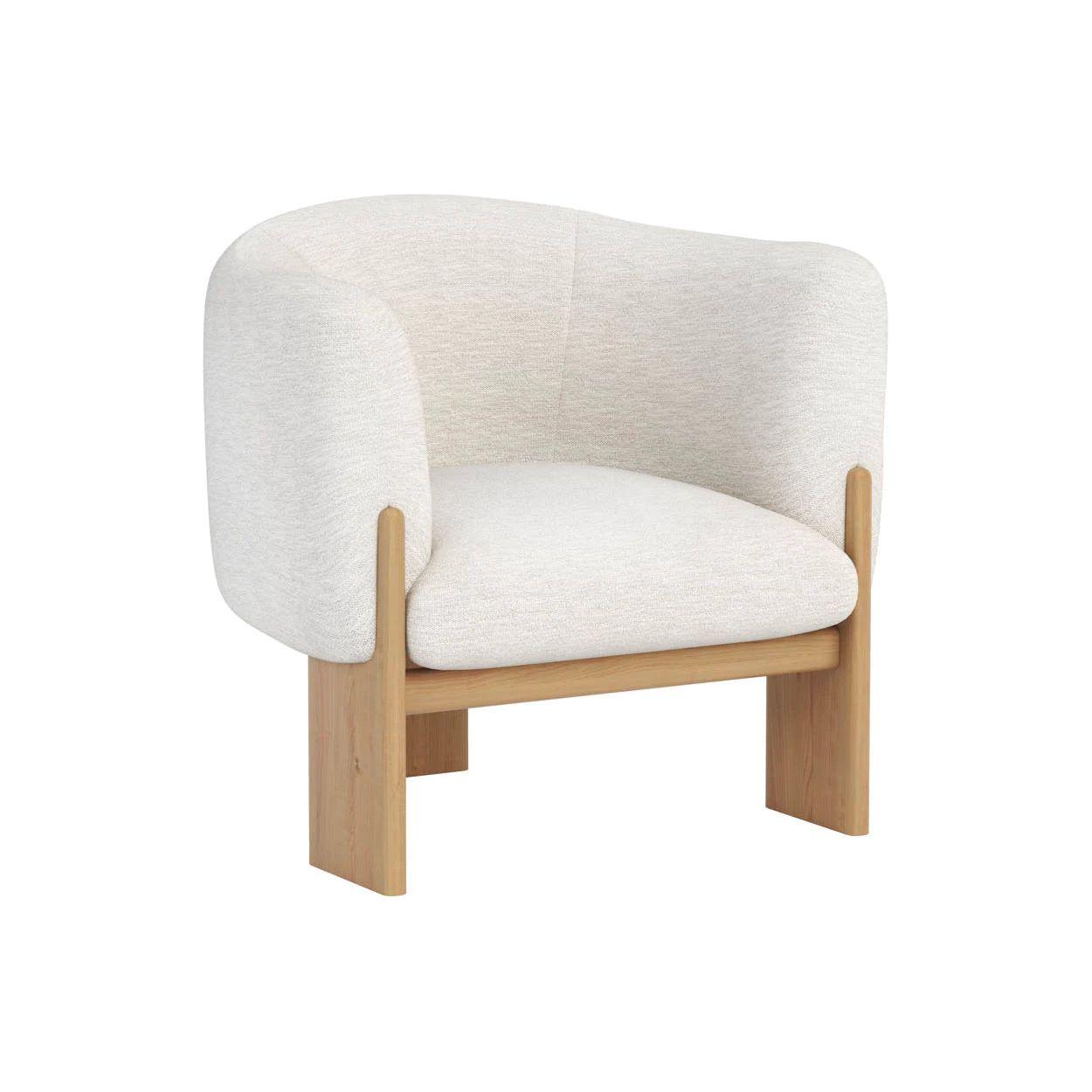 Fauteuil de salon en tissu aux formes uniques et chêne rustique avec piètement cérusé pour le salon