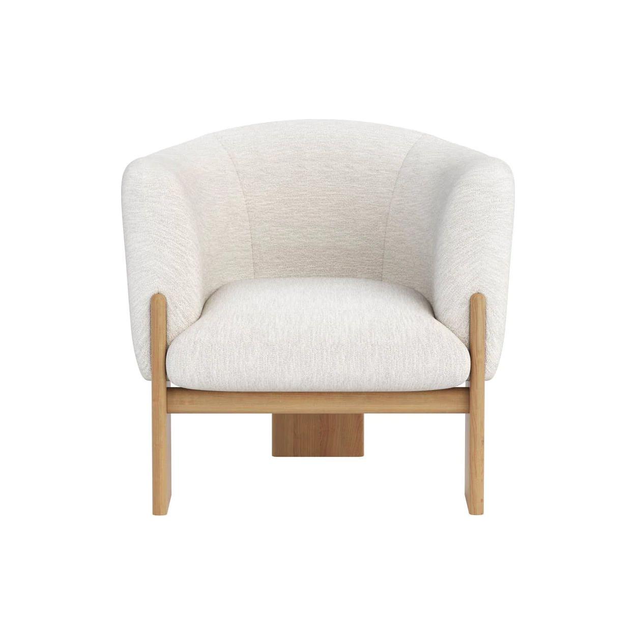 Fauteuil de salon en tissu aux formes uniques et chêne rustique avec piètement cérusé pour le salon