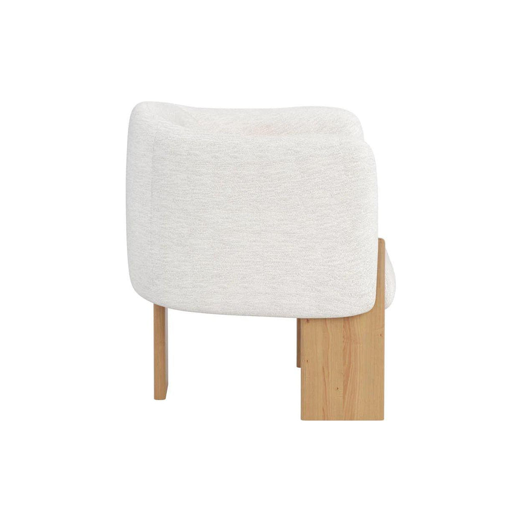 Fauteuil de salon en tissu aux formes uniques et chêne rustique avec piètement cérusé pour le salon
