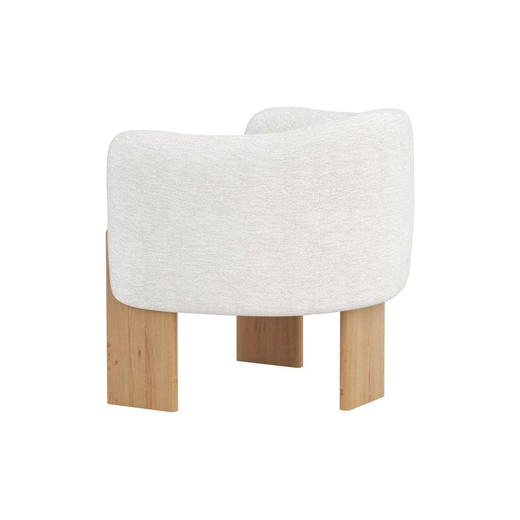 Fauteuil de salon en tissu aux formes uniques et chêne rustique avec piètement cérusé pour le salon