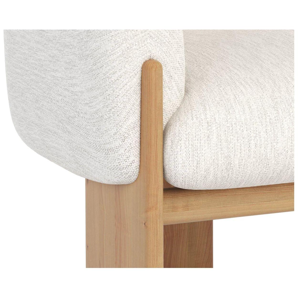 Fauteuil de salon en tissu aux formes uniques et chêne rustique avec piètement cérusé pour le salon