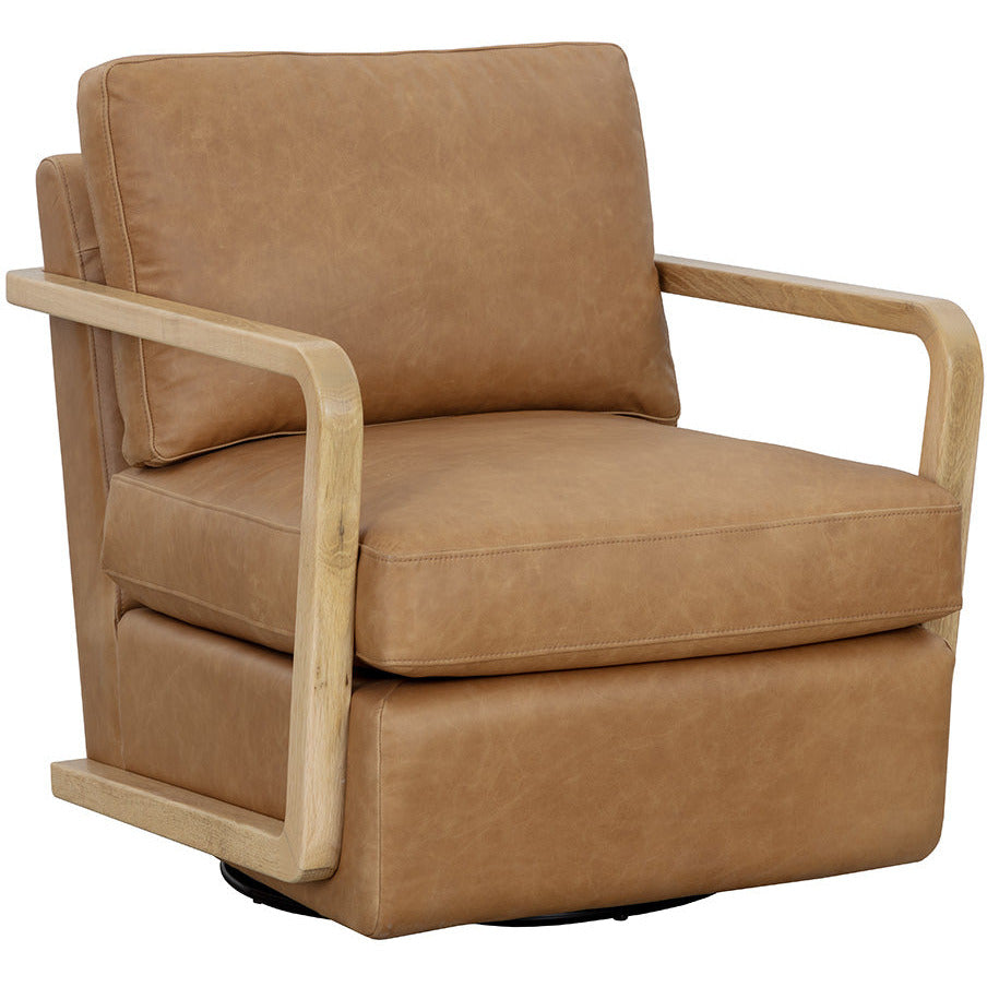 Fauteuil pivotant de salon en cuir sésame et chêne rustique avec silhouette épurée