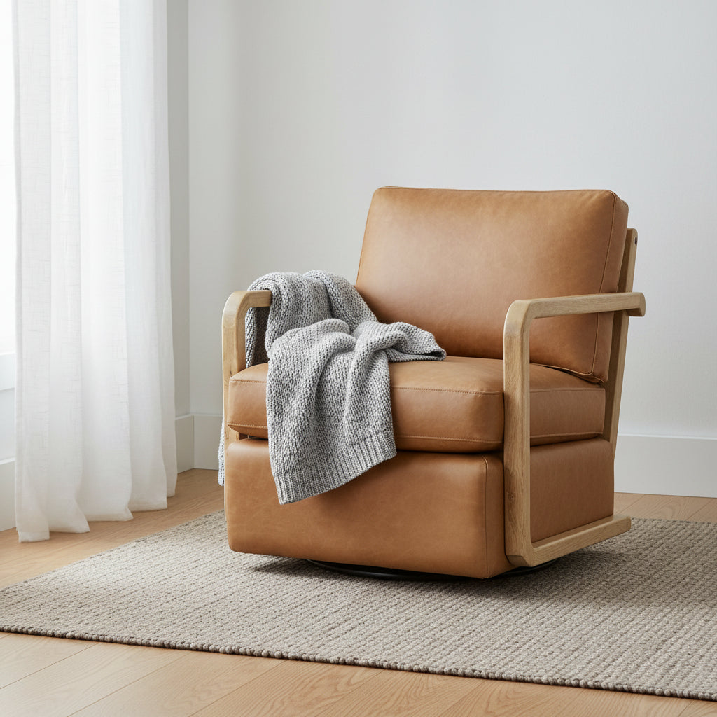 Fauteuil pivotant de salon en cuir sésame et chêne rustique avec silhouette épurée