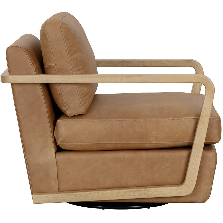 Fauteuil pivotant de salon en cuir sésame et chêne rustique avec silhouette épurée