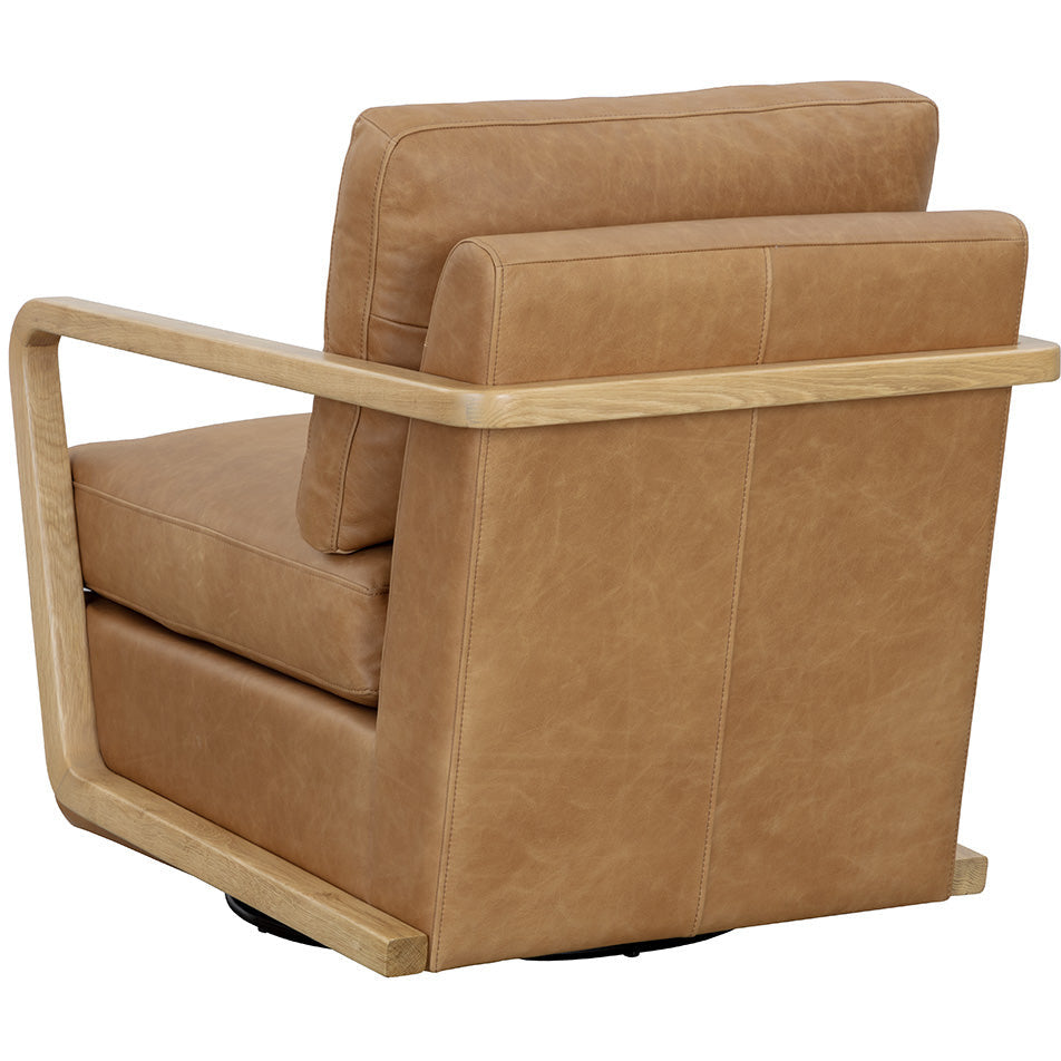 Fauteuil pivotant de salon en cuir sésame et chêne rustique avec silhouette épurée