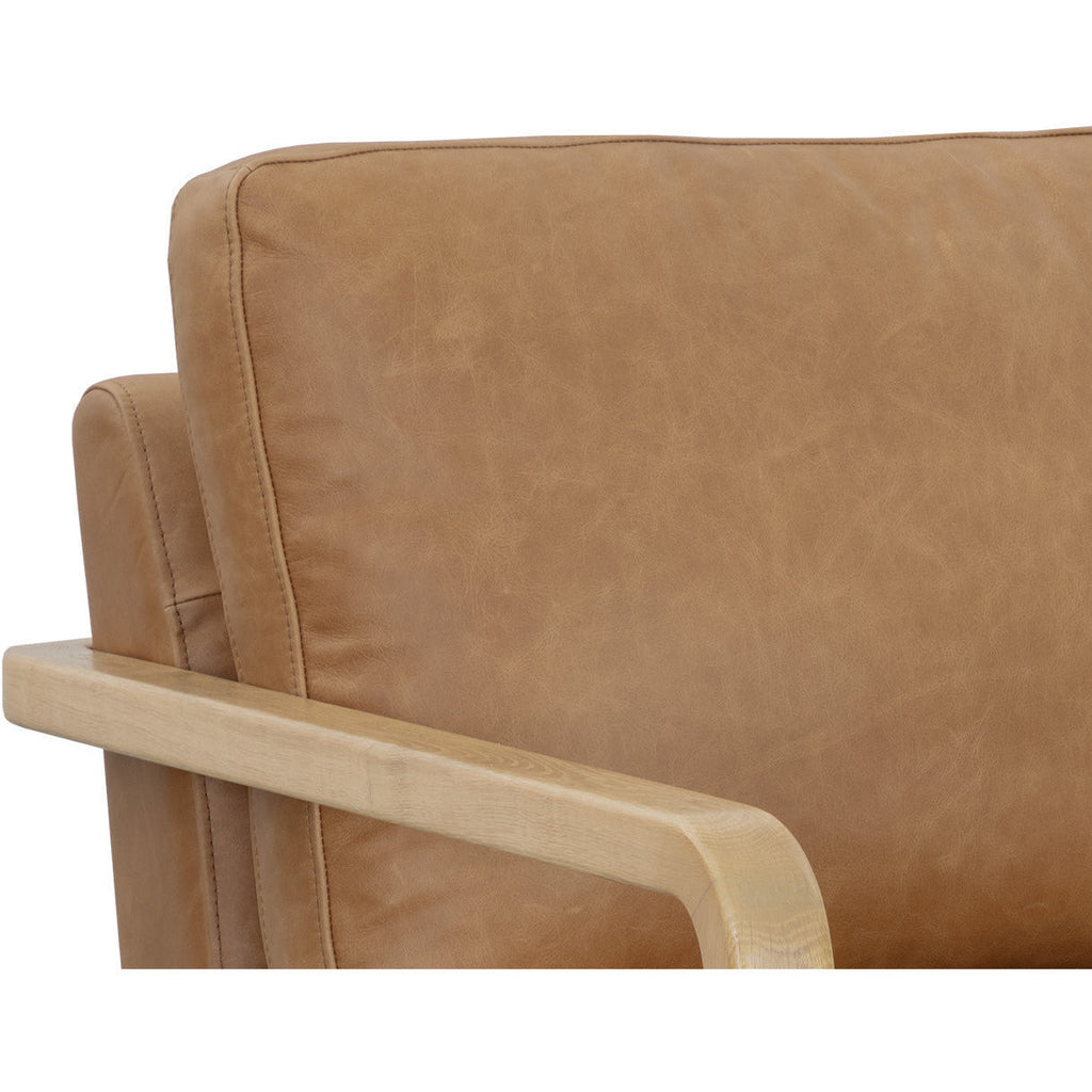 Fauteuil pivotant de salon en cuir sésame et chêne rustique avec silhouette épurée