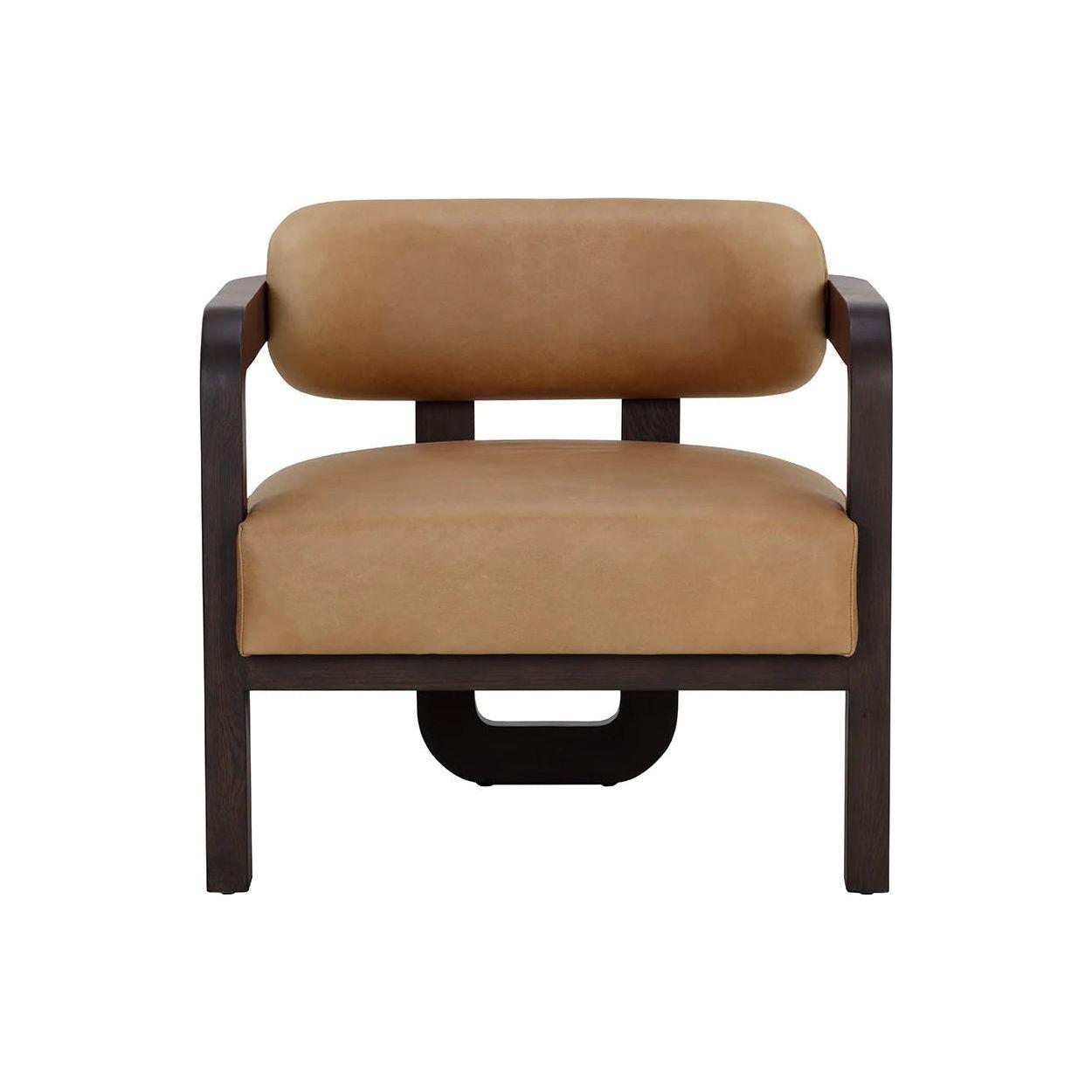 Fauteuil bas tripode en tissu Statuesque Performance et chêne brun avec accents en cuir pour le salon