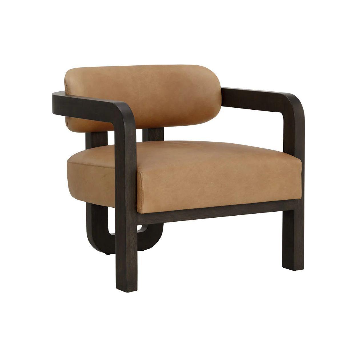 Fauteuil bas tripode en tissu Statuesque Performance et chêne brun avec accents en cuir pour le salon
