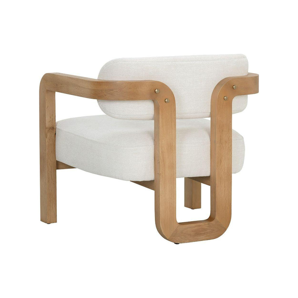 Fauteuil bas tripode en tissu Statuesque Performance et chêne brun avec accents en cuir pour le salon