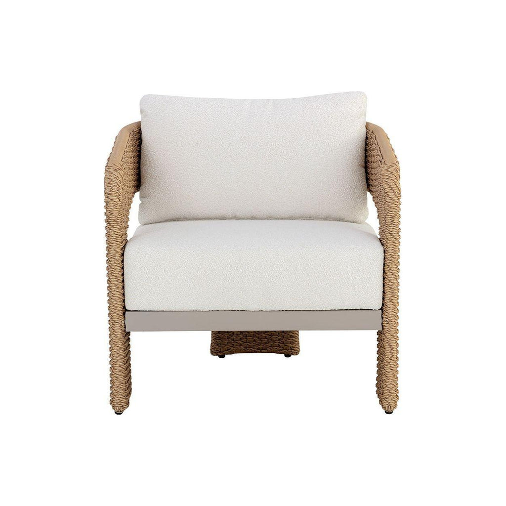 Fauteuil de jardin géométrique torsadé en osier et aluminium avec coussin en boucle haute performance pour terrasse