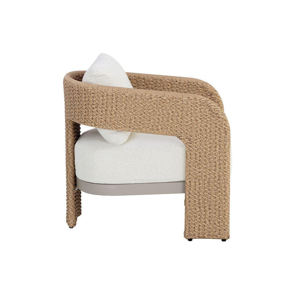 Fauteuil de jardin géométrique torsadé en osier et aluminium avec coussin en boucle haute performance pour terrasse
