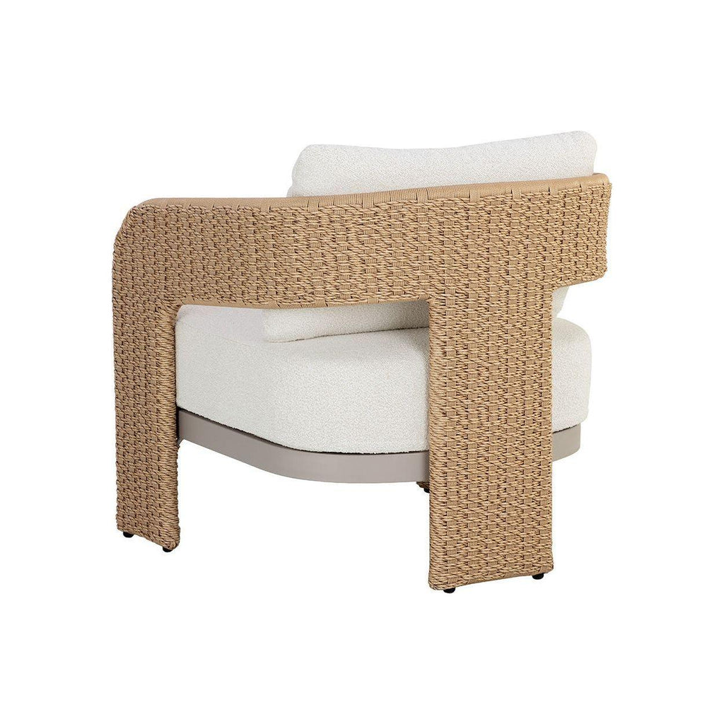 Fauteuil de jardin géométrique torsadé en osier et aluminium avec coussin en boucle haute performance pour terrasse
