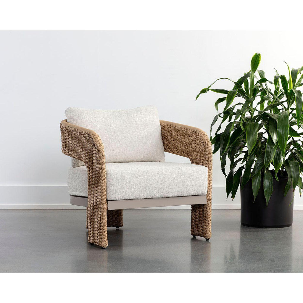Fauteuil de jardin géométrique torsadé en osier et aluminium avec coussin en boucle haute performance pour terrasse