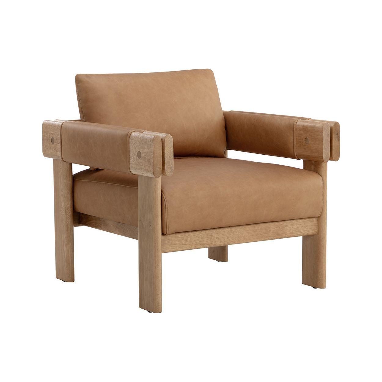 Fauteuil de salon rustique en chêne et cuir bio avec double accoudoir pour salon