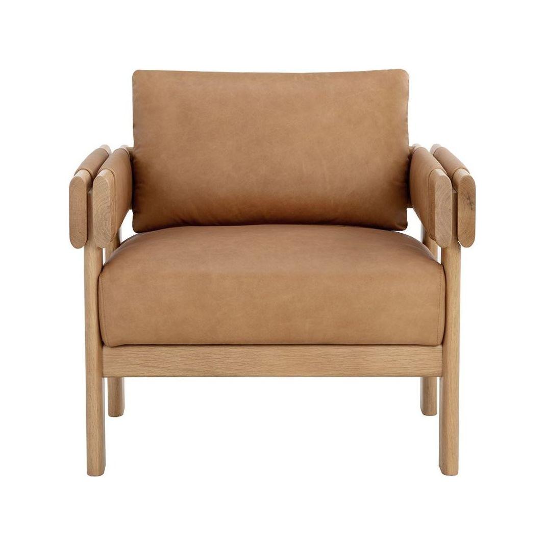 Fauteuil de salon rustique en chêne et cuir bio avec double accoudoir pour salon