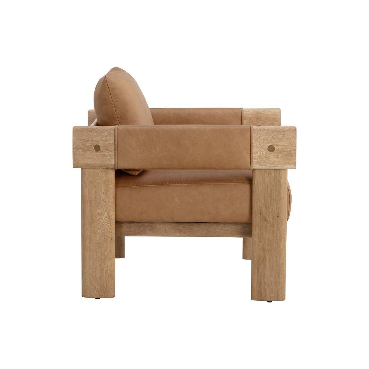 Fauteuil de salon rustique en chêne et cuir bio avec double accoudoir pour salon