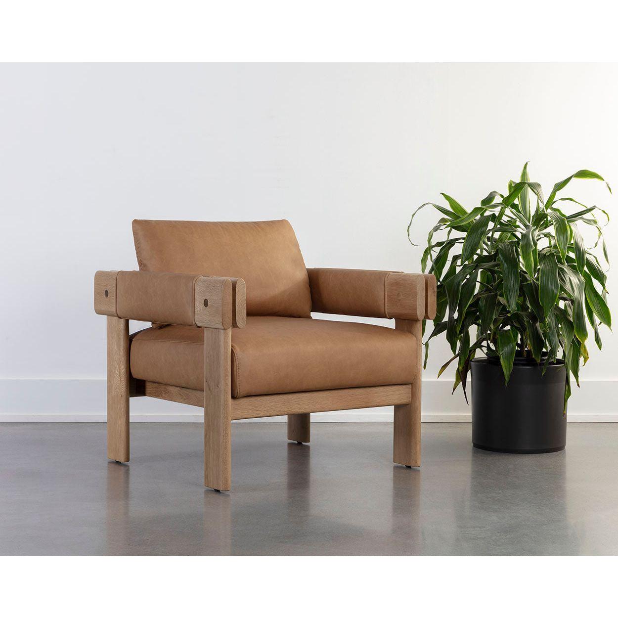 Fauteuil de salon rustique en chêne et cuir bio avec double accoudoir pour salon