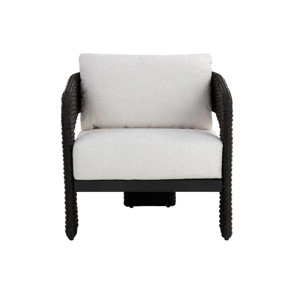 Fauteuil de jardin géométrique torsadé en osier et aluminium avec coussin en boucle haute performance pour terrasse