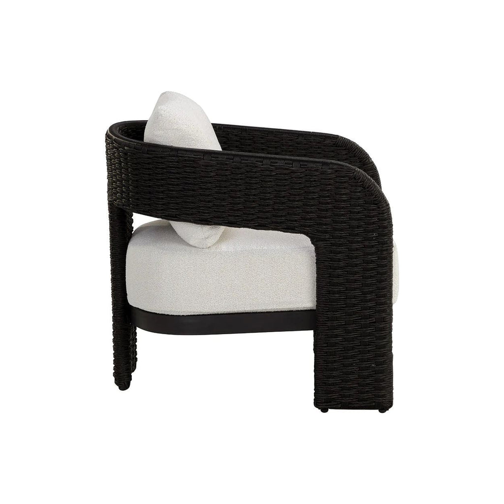 Fauteuil de jardin géométrique torsadé en osier et aluminium avec coussin en boucle haute performance pour terrasse