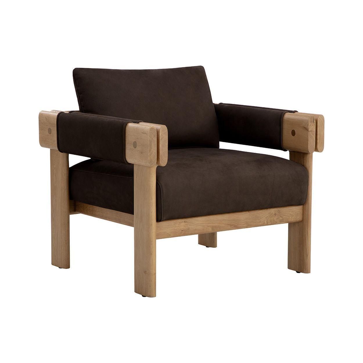 Fauteuil de salon rustique en chêne et cuir bio avec double accoudoir pour salon