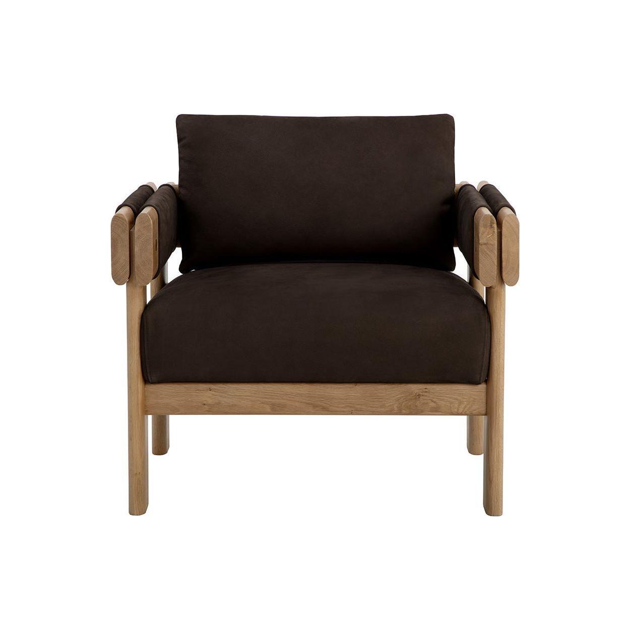 Fauteuil de salon rustique en chêne et cuir bio avec double accoudoir pour salon