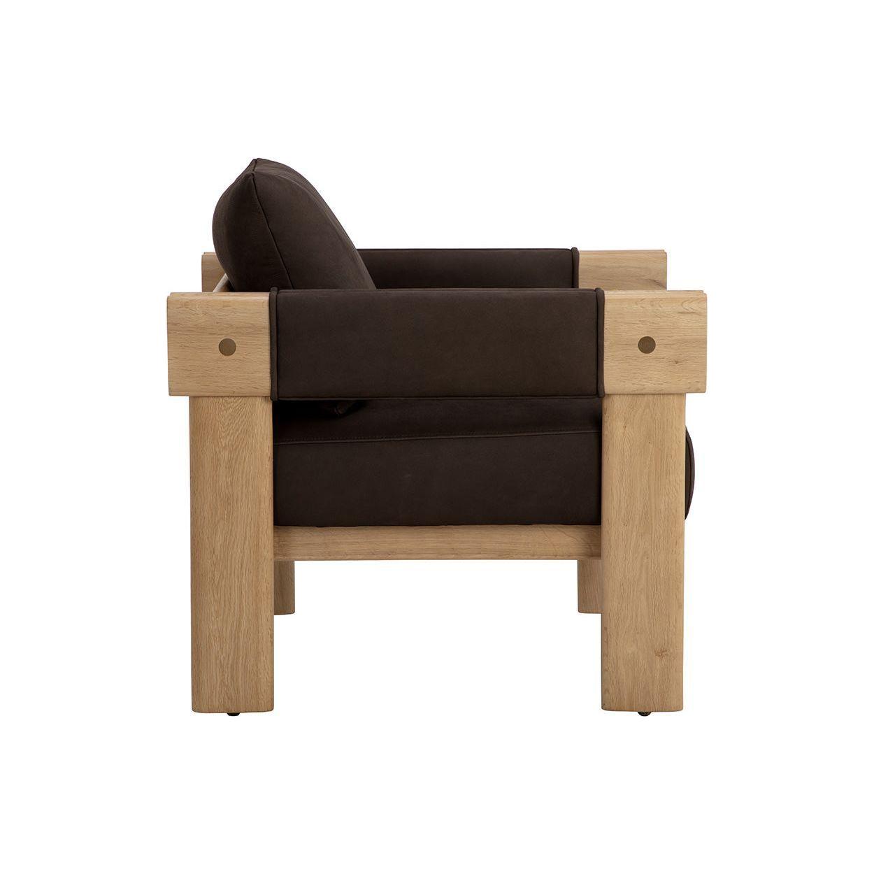 Fauteuil de salon rustique en chêne et cuir bio avec double accoudoir pour salon