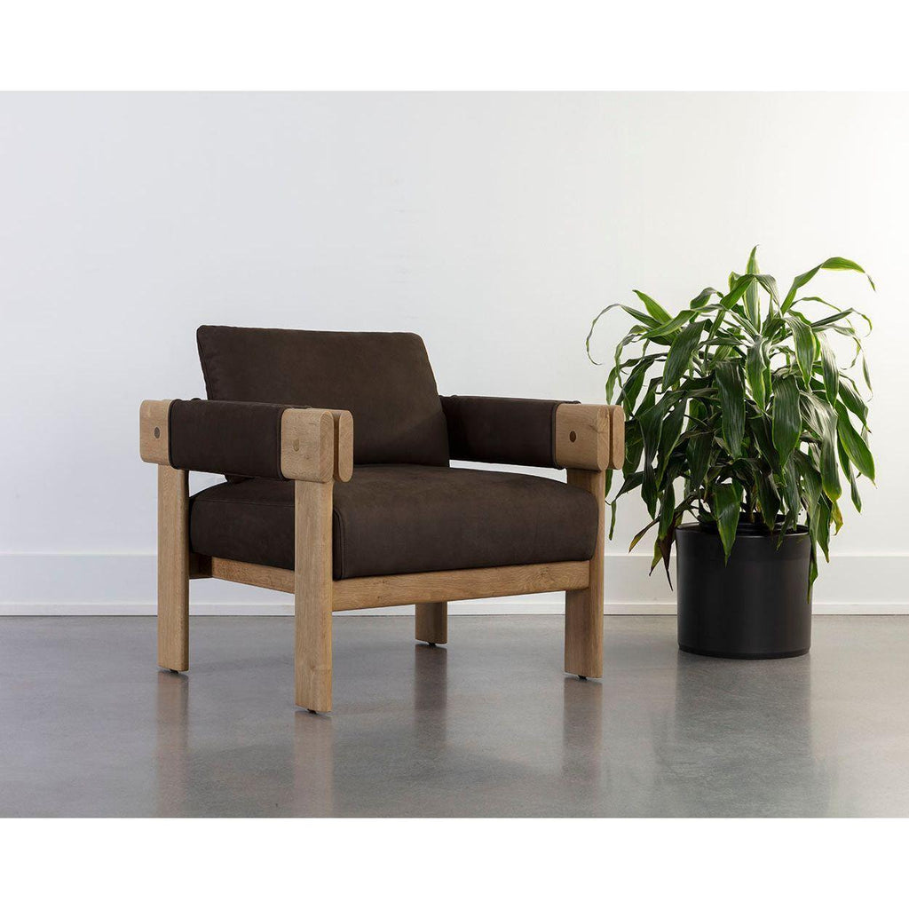 Fauteuil de salon rustique en chêne et cuir bio avec double accoudoir pour salon