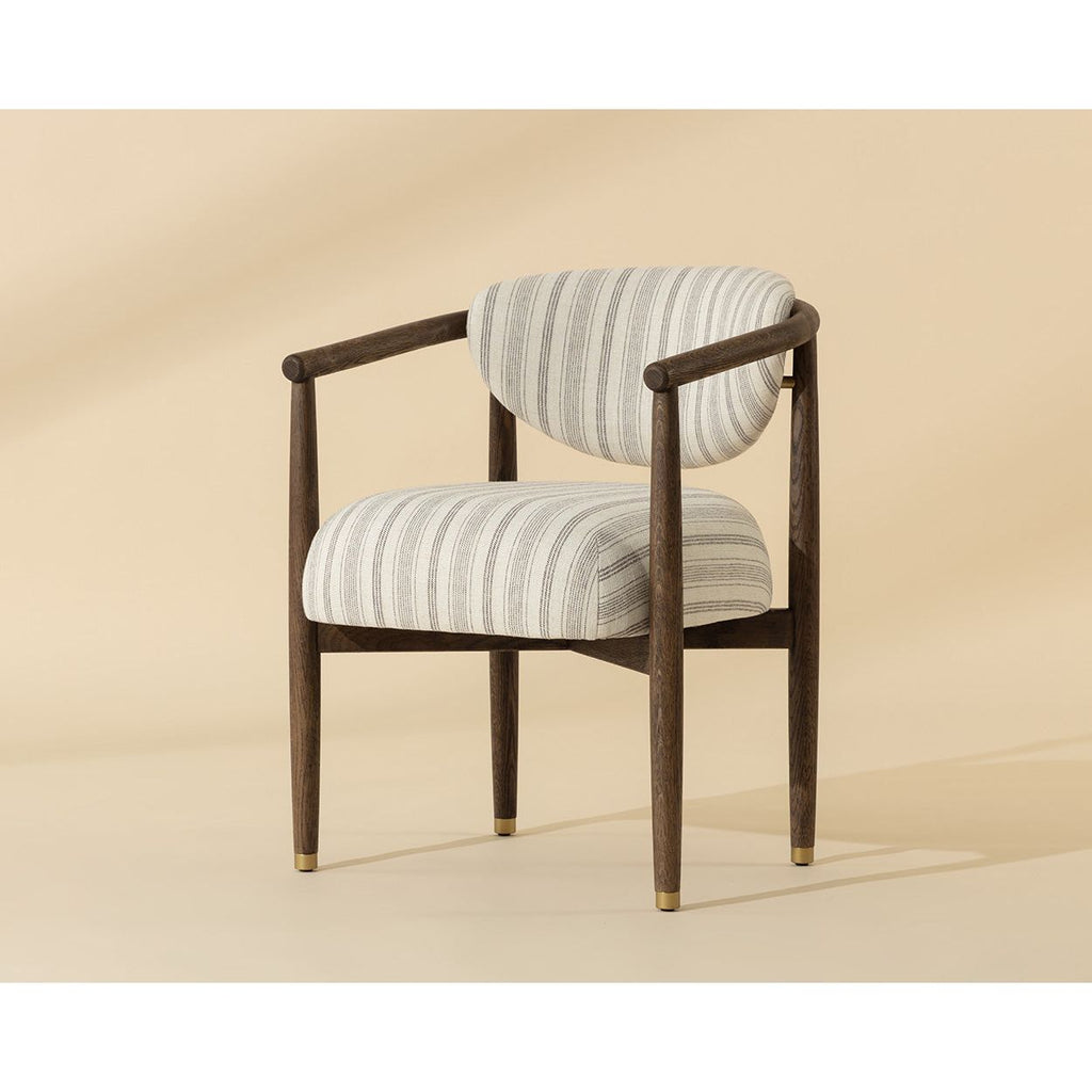 Fauteuil de salle à manger arrondi en chêne foncé et tissu avec capuchons en acier inoxydable pour salle à manger