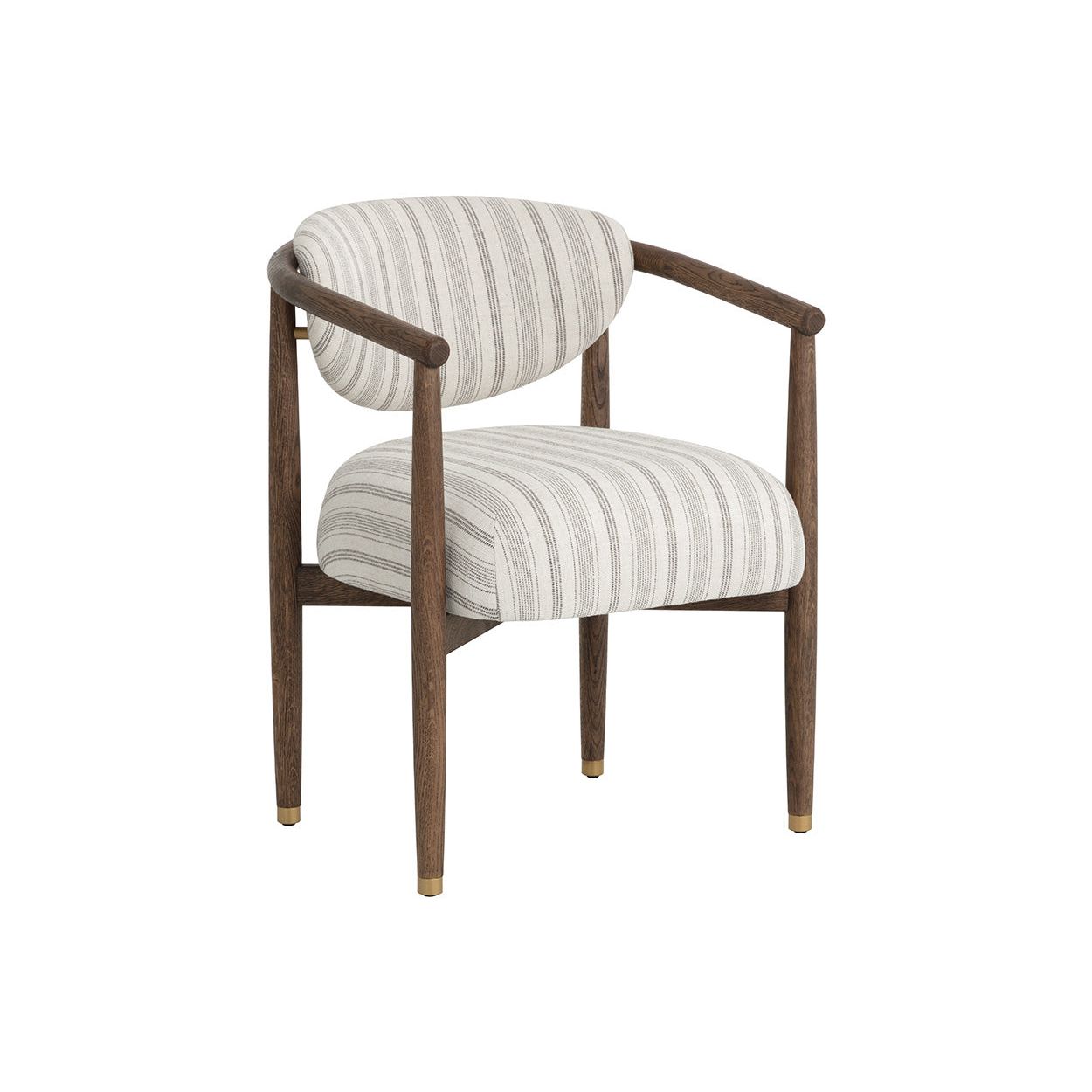 Fauteuil de salle à manger arrondi en chêne foncé et tissu avec capuchons en acier inoxydable pour salle à manger