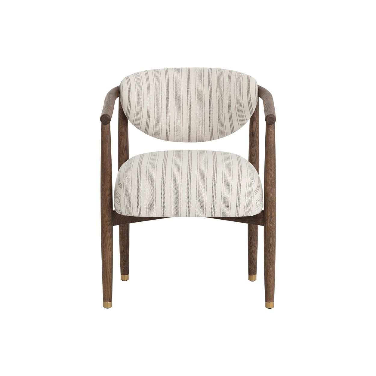 Fauteuil de salle à manger arrondi en chêne foncé et tissu avec capuchons en acier inoxydable pour salle à manger