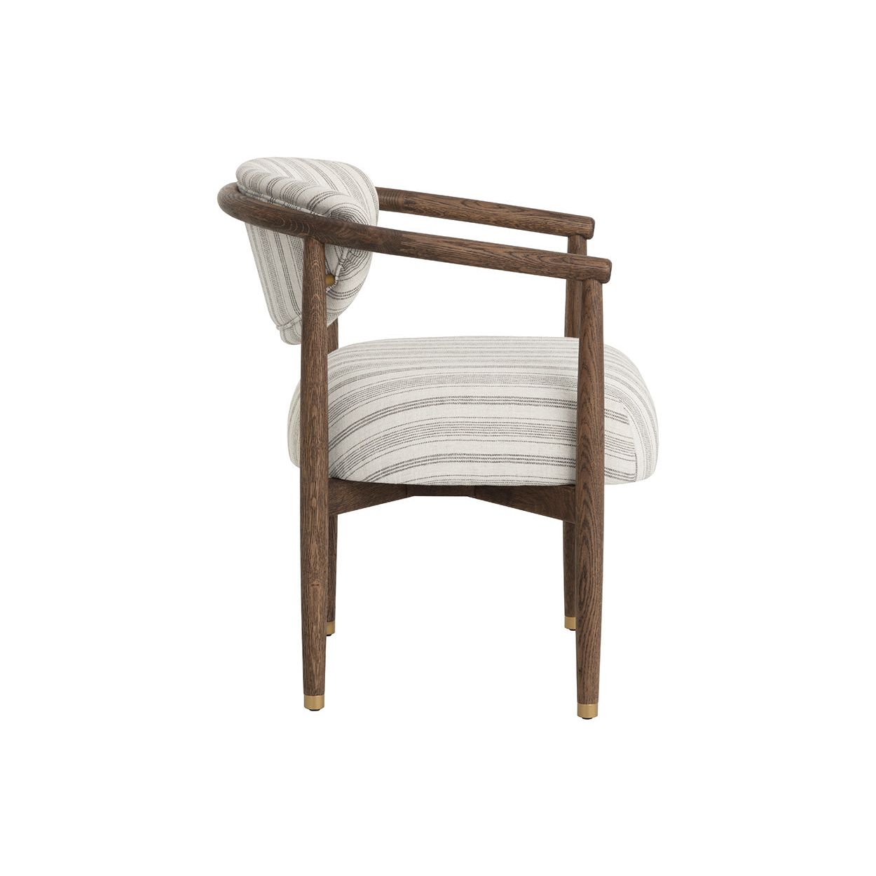 Fauteuil de salle à manger arrondi en chêne foncé et tissu avec capuchons en acier inoxydable pour salle à manger