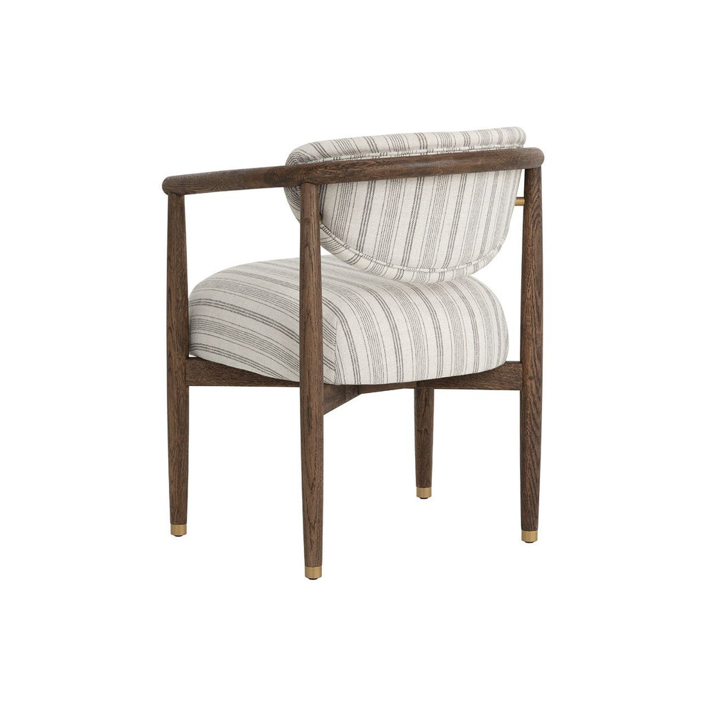 Fauteuil de salle à manger arrondi en chêne foncé et tissu avec capuchons en acier inoxydable pour salle à manger