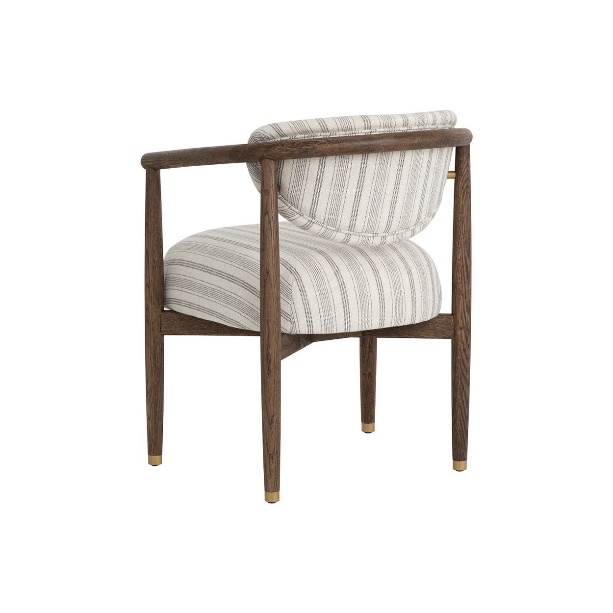 Fauteuil de salle à manger arrondi en chêne foncé et tissu avec capuchons en acier inoxydable pour salle à manger