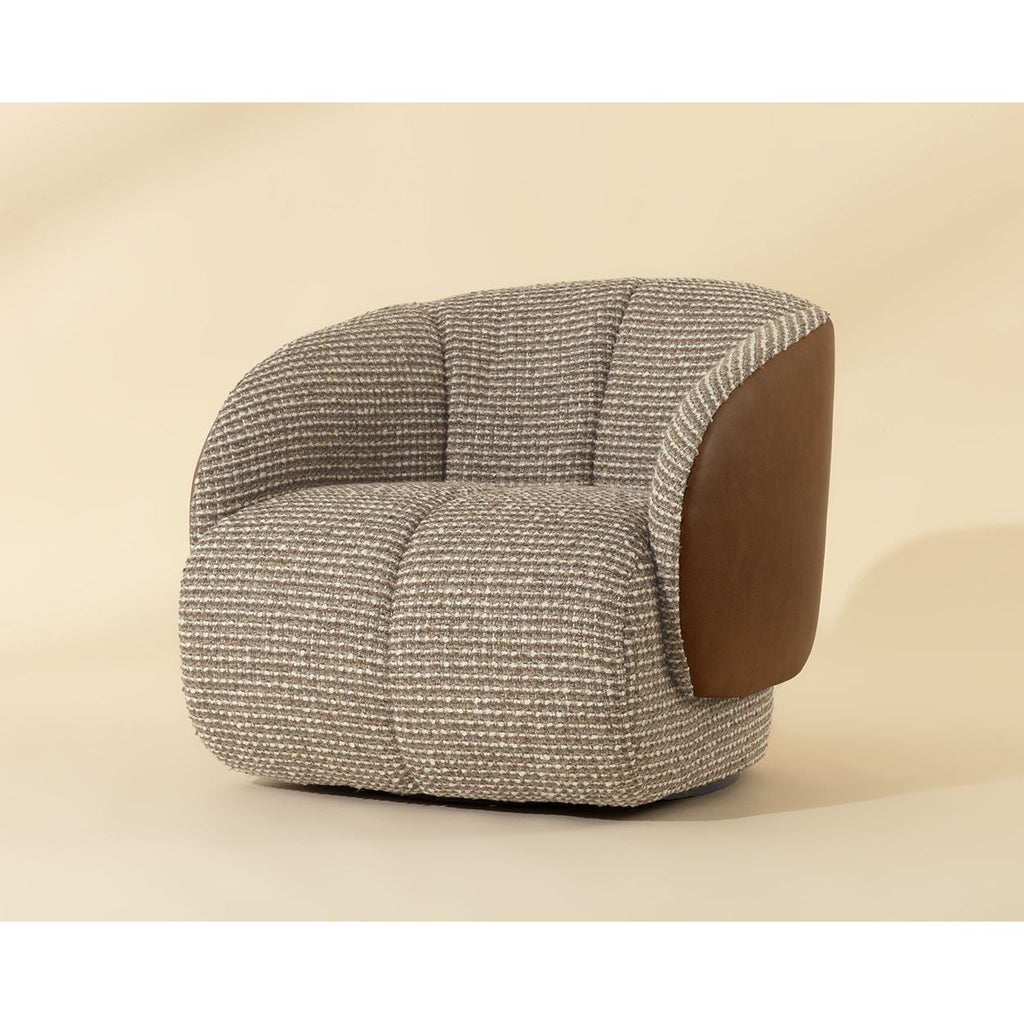 Fauteuil pivotant sculptural italien en cuir bovin et tissu avec dossier rembourré pour salon