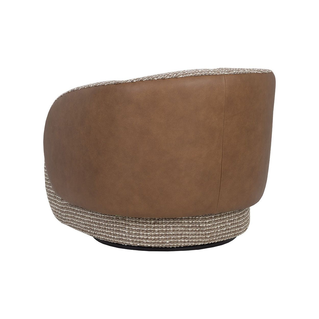 Fauteuil pivotant sculptural italien en cuir bovin et tissu avec dossier rembourré pour salon