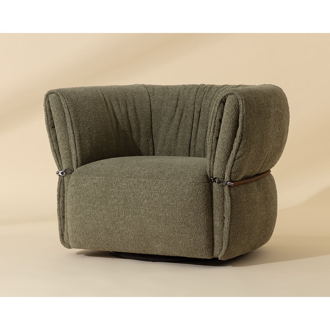 Fauteuil pivotant bas en tissu et cuir avec assise enveloppante pour salon