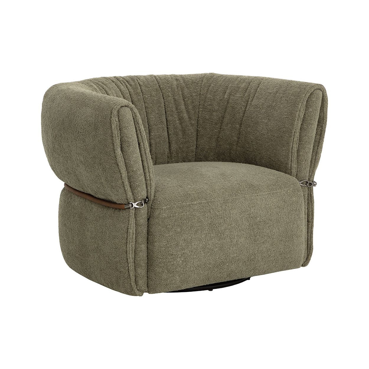 Fauteuil pivotant bas en tissu et cuir avec assise enveloppante pour salon