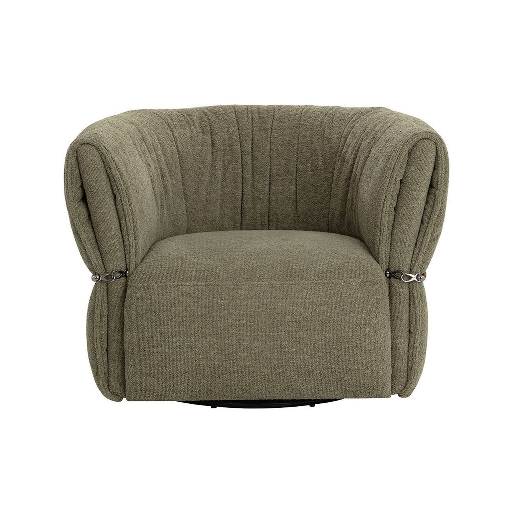 Fauteuil pivotant bas en tissu et cuir avec assise enveloppante pour salon