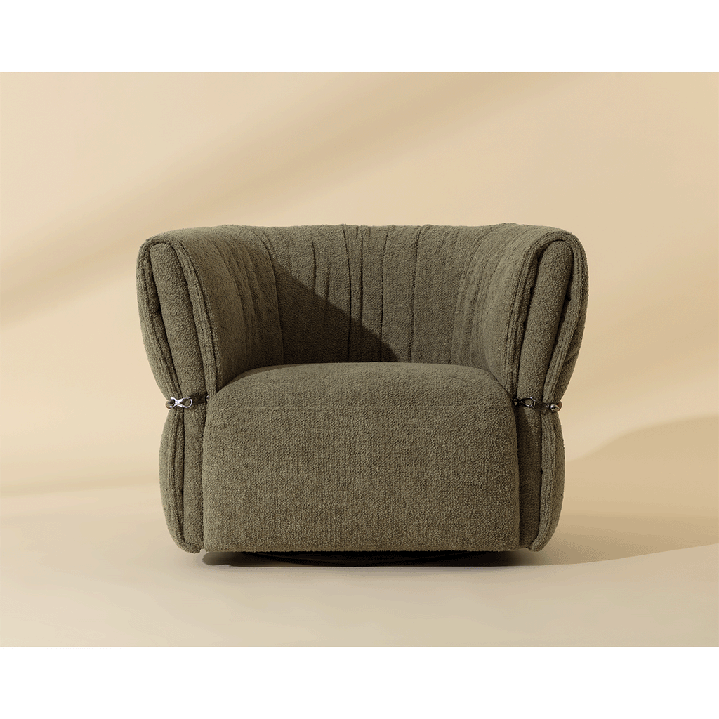 Fauteuil pivotant bas en tissu et cuir avec assise enveloppante pour salon