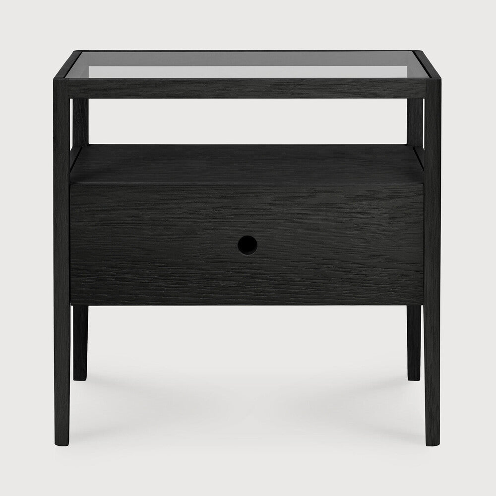 Table de chevet moderne en verre et bois avec tiroir simple et étagère ouverte pour chambre à coucher