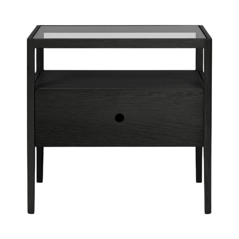 Table de chevet moderne en verre et bois avec tiroir simple et étagère ouverte pour chambre à coucher